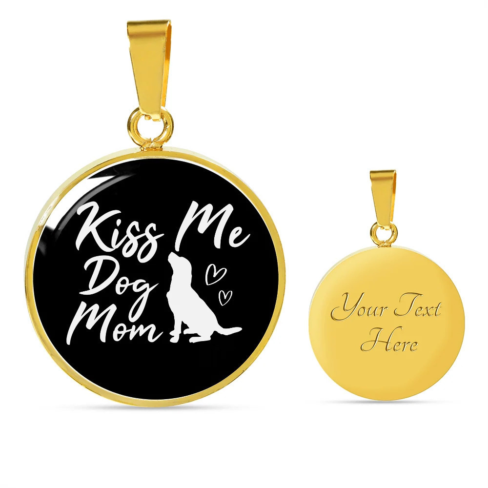 KISS ME DOG MOM Personalized Engraved Gold Circle Necklace Custom Name Date Gif
